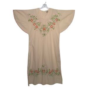 Vintage Leandra Embroidered Floral Caftan peach Dress flutter sleeves medium